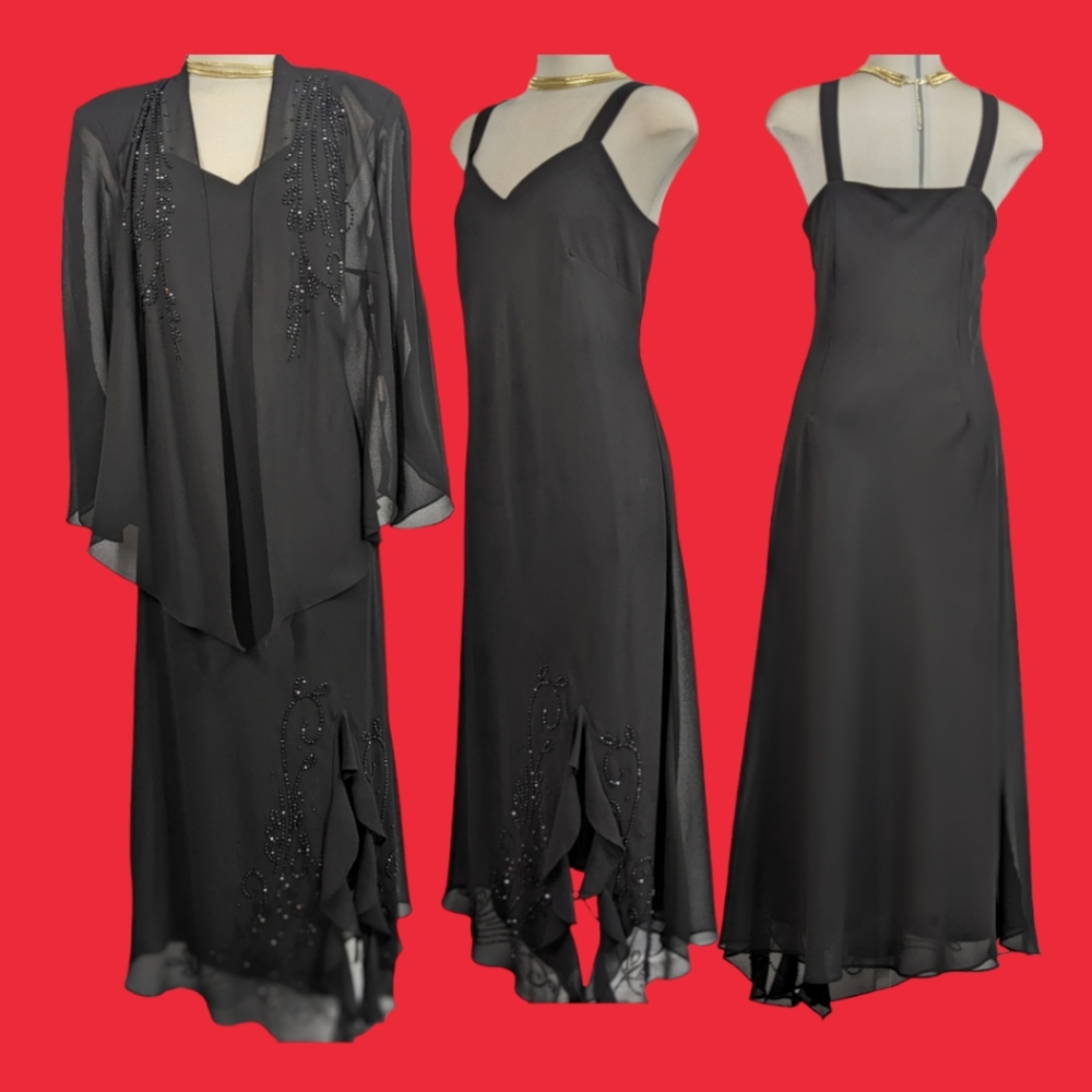 R&M Richards Designer Luxury Black Beaded Two Pieces Chiffon Formal Dress S 14